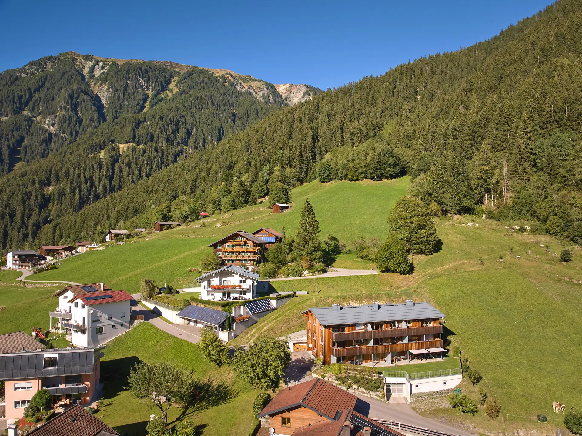 Montafon Chalets — Luftaufnahme mit Almwiese und Bergkulisse
